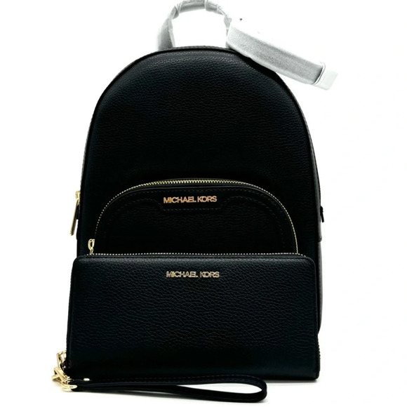 Michael Kors Medium Jaycee Backpack & Large Continental Wallet Black/Gold - Picture 1 of 14